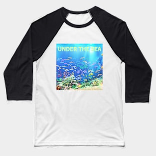 under the sea,blue sea,sea creatures,Turtle, puffer fish, starfish, shrimp, shark, tropical fish, sea horse, seaweed, sardines, squid, crabs, clams Baseball T-Shirt